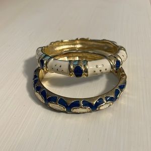Blue, white, and gold bangle bracelet pair; open hinged